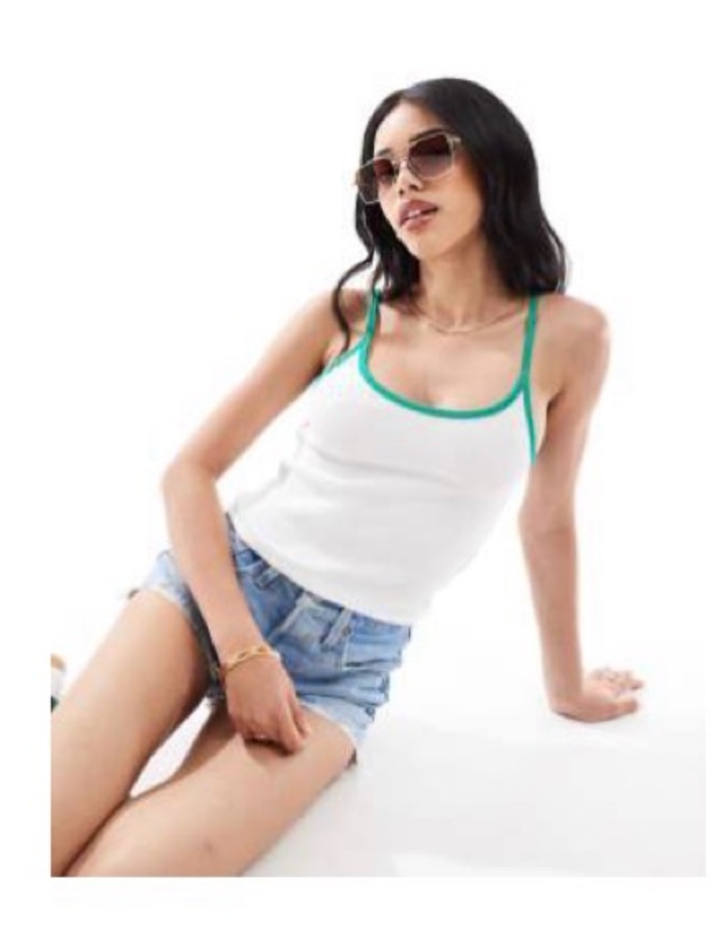Pull&Bear Contrast Trim Cropped Cami Top White Green XL